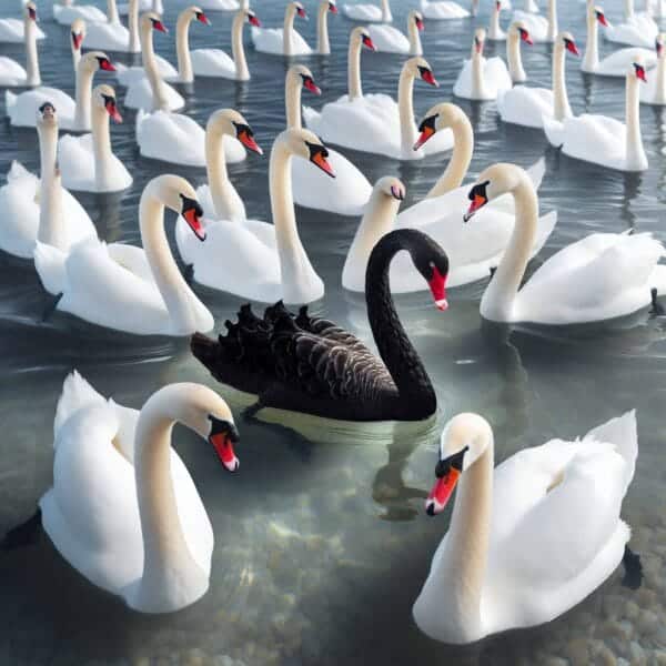 A lone black swan on a calm lake, symbolising rare and unpredictable events