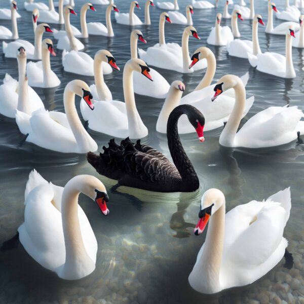 A lone black swan on a calm lake, symbolising rare and unpredictable events